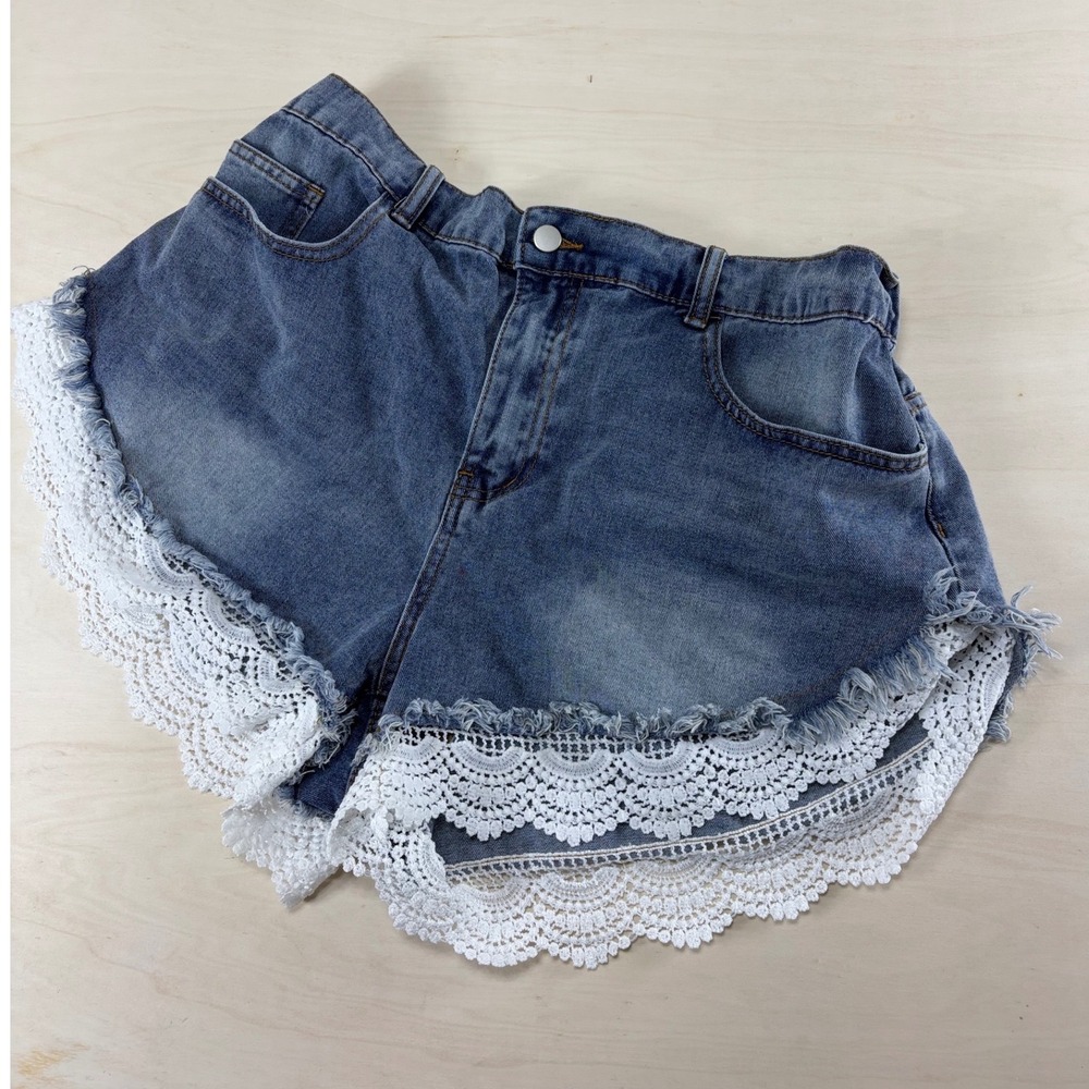 SHEIN Blue Denim Crochet Lace Trim High Waist Shorts XL Distressed Boho